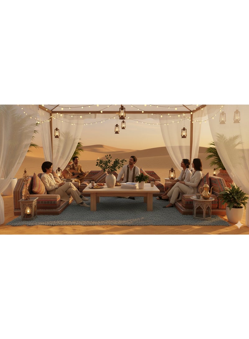 طقم كنب أرضي فاخر مكون من 9 قطع بتصميم المجلس العربي - جلسة تقليدية شرق أوسطية مع وسائد ومساند لليدين - جلسة أرضية بوهيمية أصلية لغرفة المعيشة أو الفناء أو التأمل - طول 180 سم (طقم كامل) - Image 2